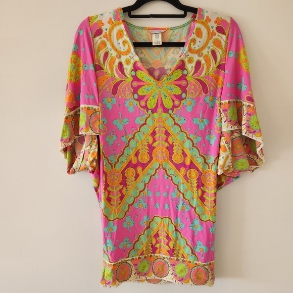 Trina Turk Woodblock Floral Pink Swim Cover Up, sz Small - Picture 5 of 9